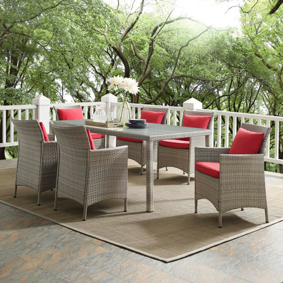 Side Dining Chair and Table Set, Rattan, Wicker, Gray Red, Modern, Outdoor