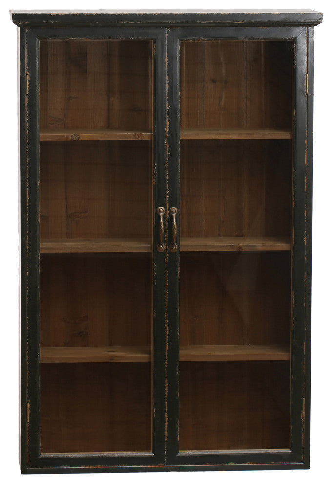 Wood and Glass Display Cabinet With 3 Shelves and 2 Doors, Natural and Black