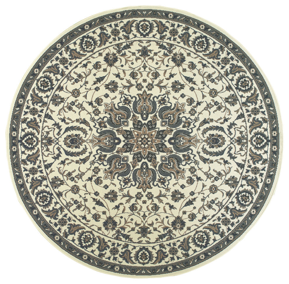 Martinique Traditional Medallion Ivory/ Navy Indoor/Outdoor Rug, 7'10"x7'10"