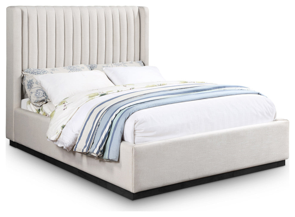 Logan Beige Linen Textured Fabric Twin Bed, Beige, Full