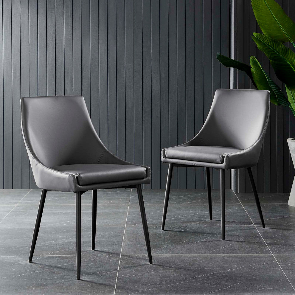 Side Dining Chair, Set of 2, Faux Vegan Leather, Black Gray, Modern, Bistro