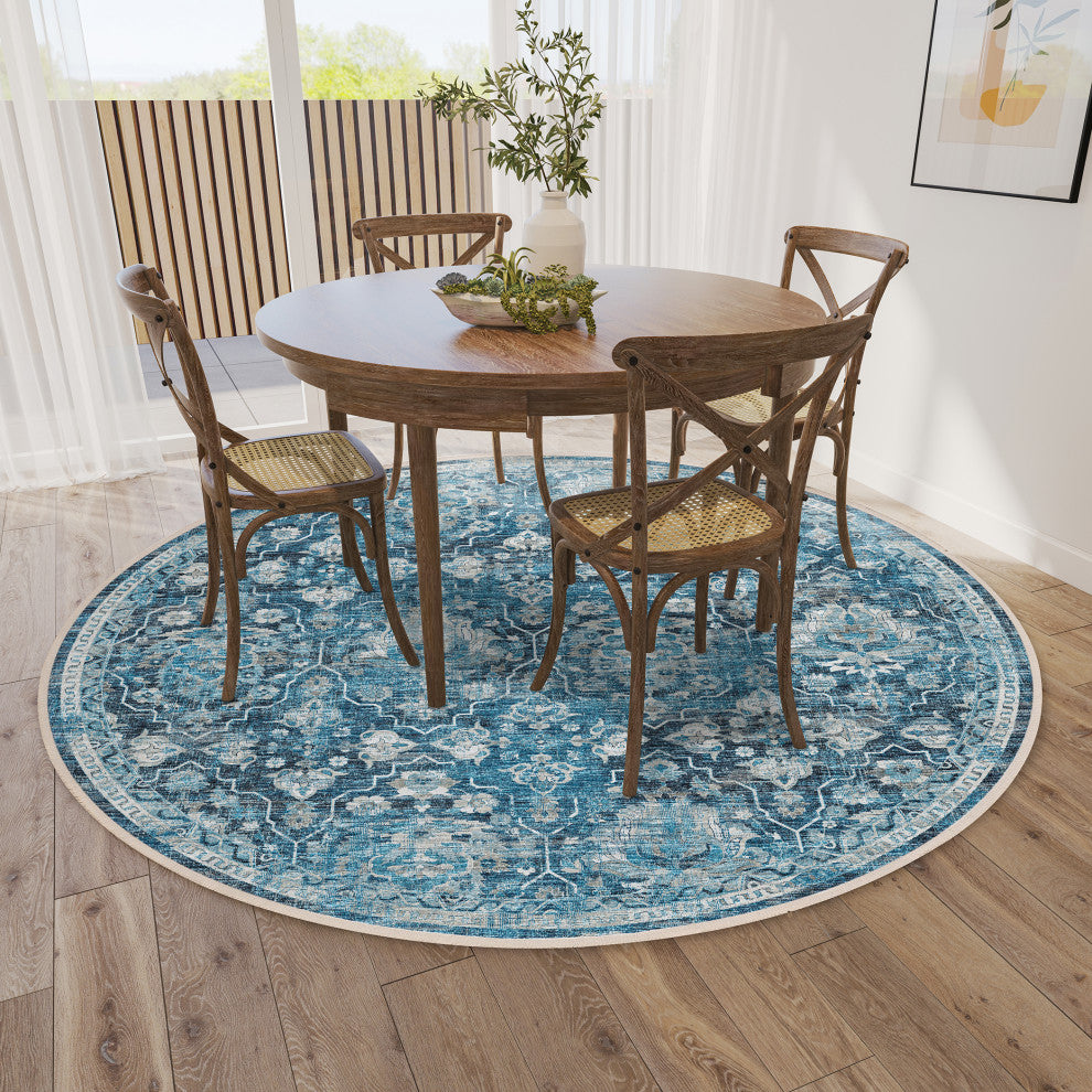 Indoor/Outdoor Marbella MB4 Navy Machine Washable 8' x 8' Round Rug
