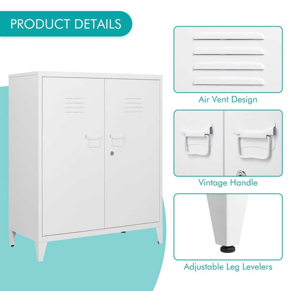 Metal Storage Cabinet, 2 Doors & 2 Shelves, 35.5", White, With Legs