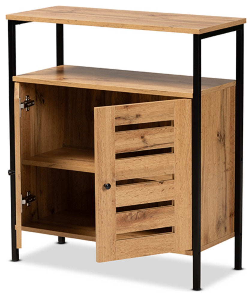 Vander Oak Brown Finished Wood And Black Metal 2-Door Shoe Cabinet