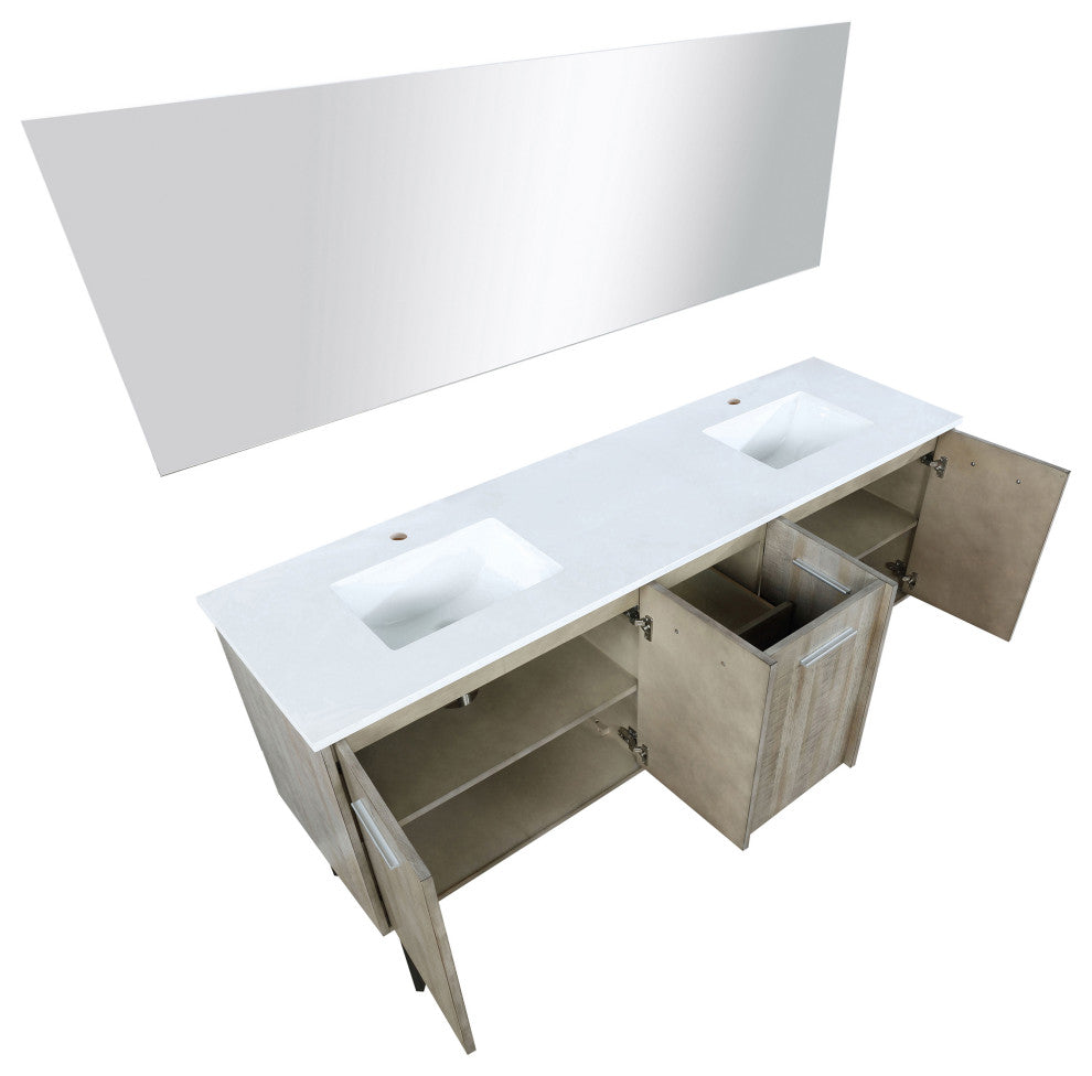 Lancy 72" Rustic Acacia DB Vanity, White Quartz Top, Square Sinks, 70" Mirror