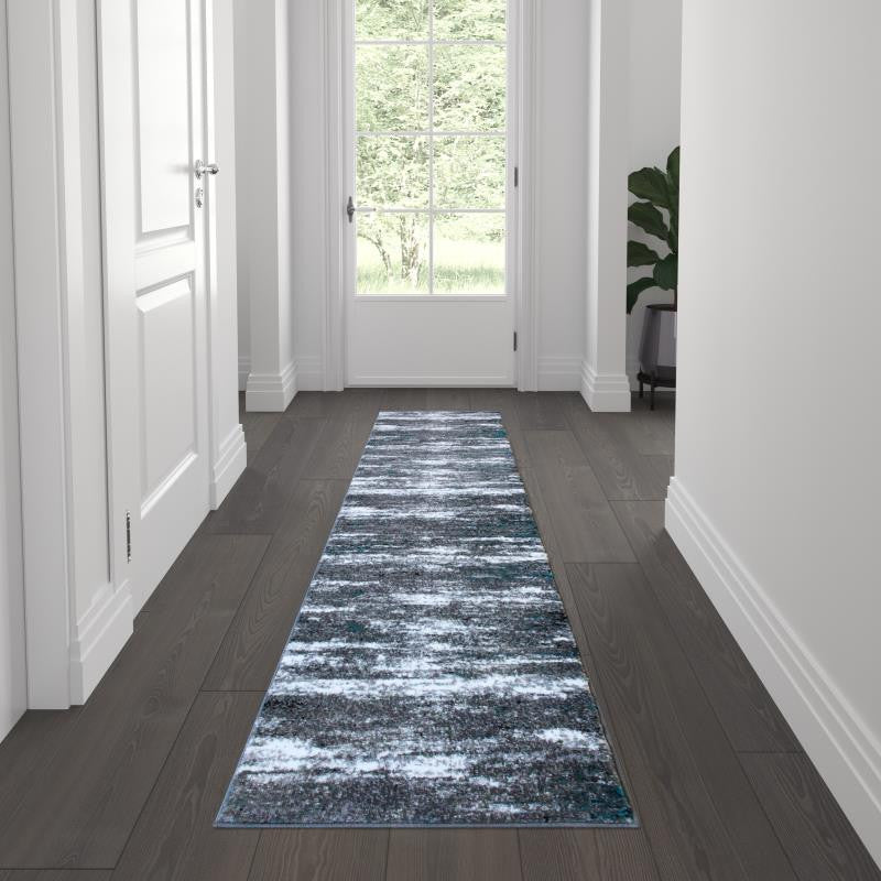 Marian Collection Distressed Olefin Area Rug with Jute Backing, Turquoise, 2' X 7'