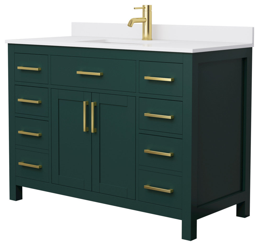 48" SGL Bathroom Vanity, Green, White Cult. Marble Countertop, Sink, Gold Trim