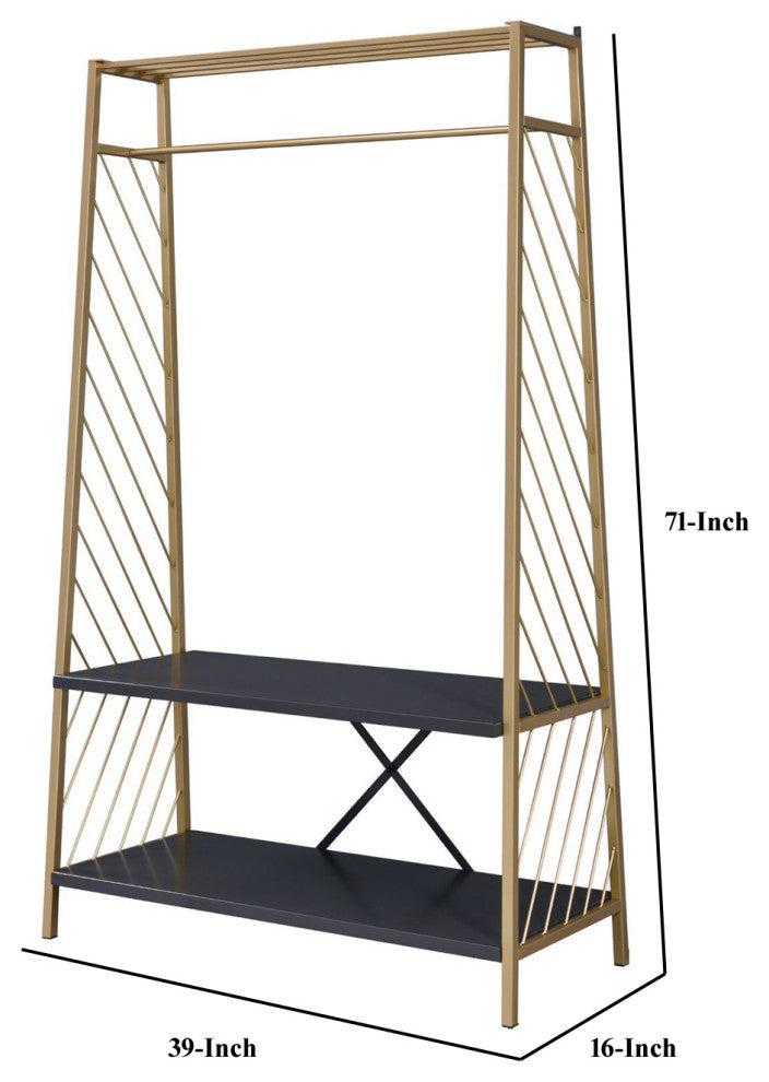 Benzara BM250293 Hall Tree With 2 Shelves andxBar Panels, Gold and Black