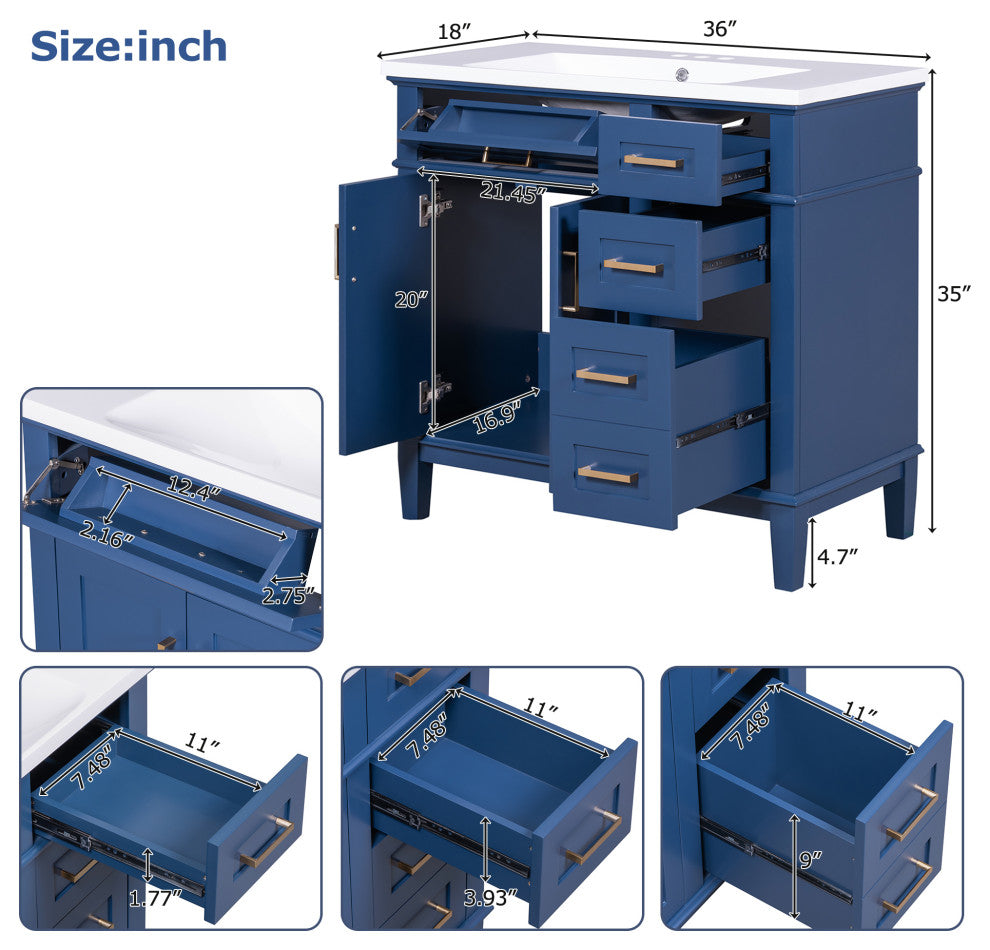 36 Inch Bathroom Vanity with Resin Sink, Blue