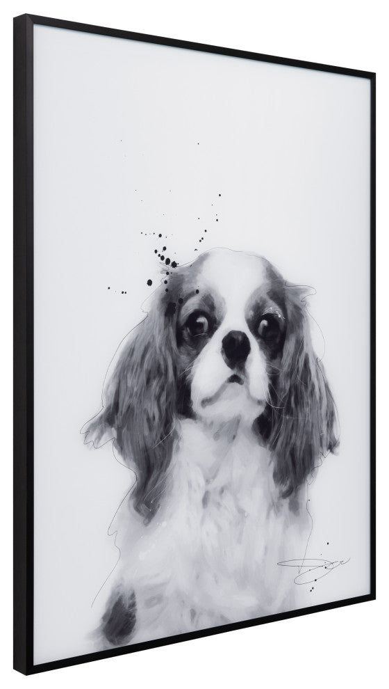 "King Charles Spaniel" Black and White Pet Art on Glass with Anodized Frame