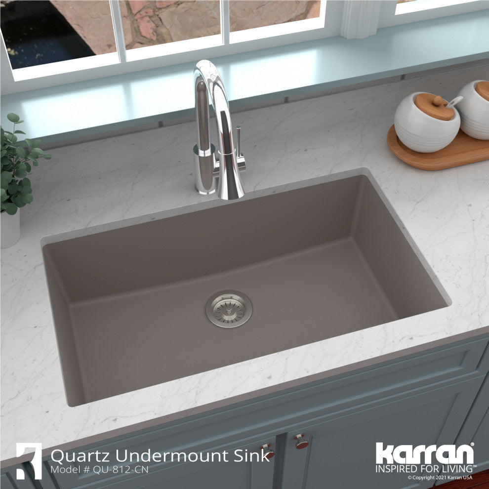 Karran QU-812 Undermount 32.5" Single Bowl Quartz Kitchen Sink, Concrete