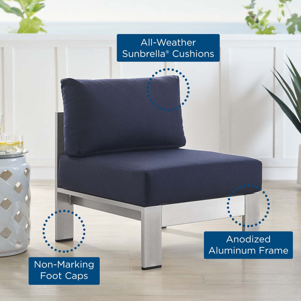 Sofa Middle Chair, Sunbrella, Fabric, Aluminum, Metal, Silver Blue Navy, Outdoor