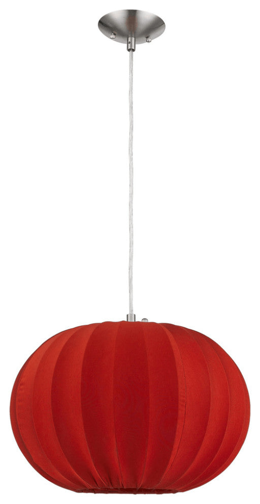 Shanghai 1-Light Brushed Nickel Pendant With Sheer Red Ribbon Shade