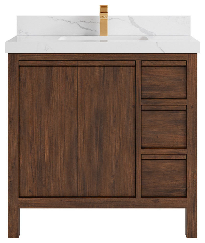 Elizabeth 36 Center Sink Bath Vanity in Dark Walnut Teak 2" Calacatta Laza