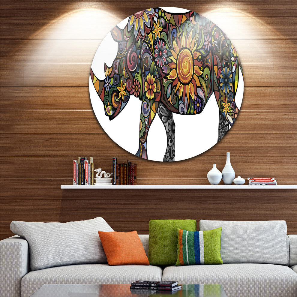 Cheerful Rhinoceros On White, Animal Digital Round Metal Wall Art, 11"