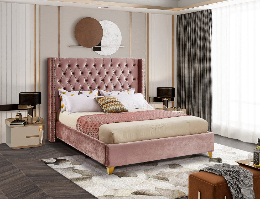 Barolo Velvet Upholstered Bed, Pink, King