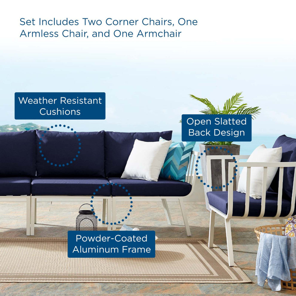 Lounge Sectional Sofa Chair Set, Aluminum, Metal, White Blue Navy, Outdoor