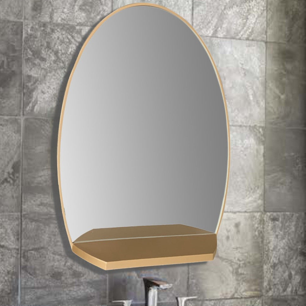 Oval Metal Frame Mirror With Shelf, Brushed Gold