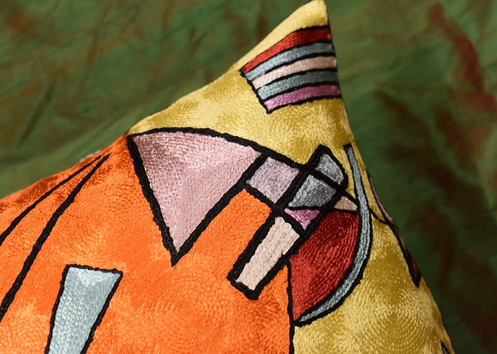 Kandinsky Orange Abstract Throw Pillow Cover Handembroidered Art Silk 18x18"