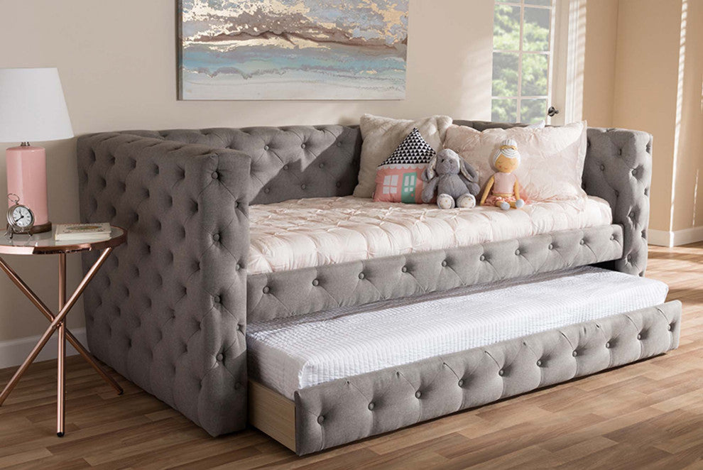 Raven Fabric Tufted Upholstered Daybed With Trundle, Twin Size, Gray