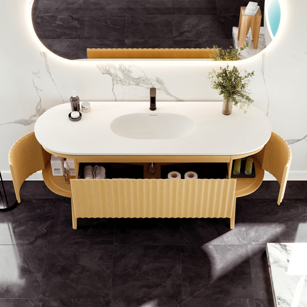 Eviva Haven 64" Oak Freestanding Vanity With White Solid Surface Integrated Top