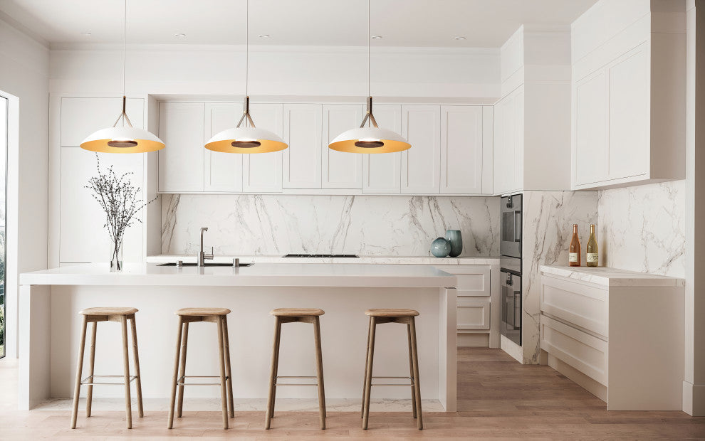 Volo LED Pendant, Cava - White Shade/Brushed Brass/Brown Leather/Walnut, 4000K