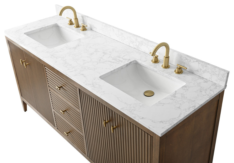 Vanity Art Freestanding Vanity, Walnut, 72", Double Sink, Golden Brushed