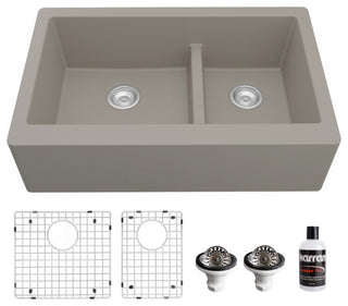 Karran Farmhouse Quartz 34" Double Offset Bowl Sink Kit, Concrete