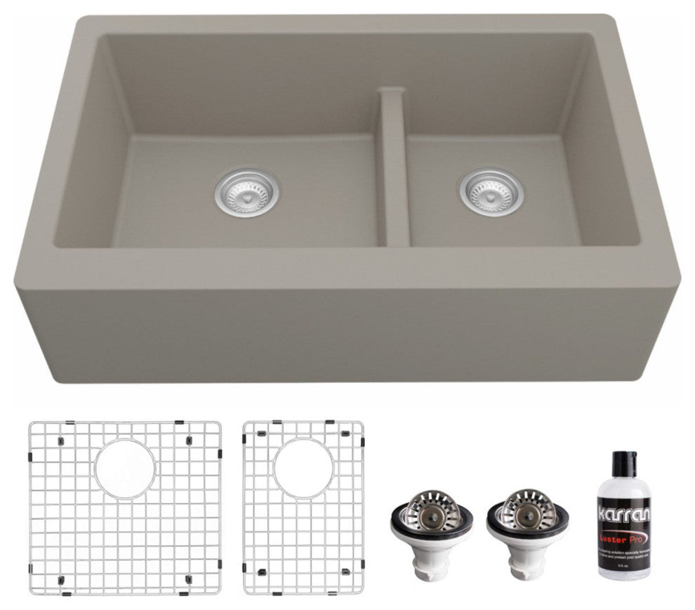 Karran Farmhouse Quartz 34" Double Offset Bowl Sink Kit, Concrete