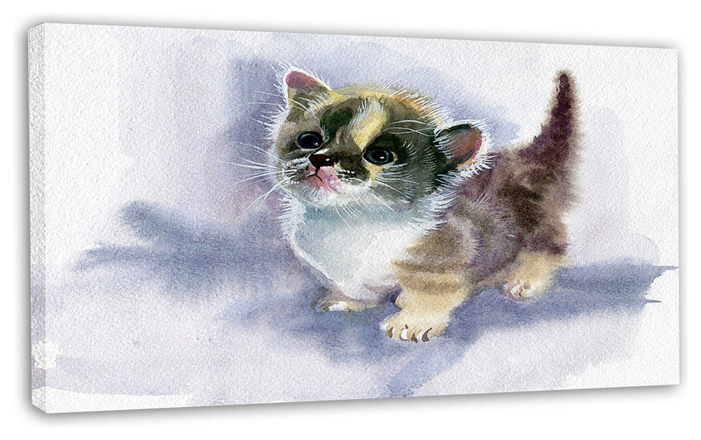 Cute Kitten on Blue Watercolor, Animal Canvas Art Print, 32"x16"