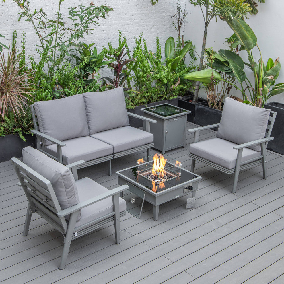 LeisureMod Walbrooke Grey Patio Sofa Set With Square Fire Pit Table, Grey