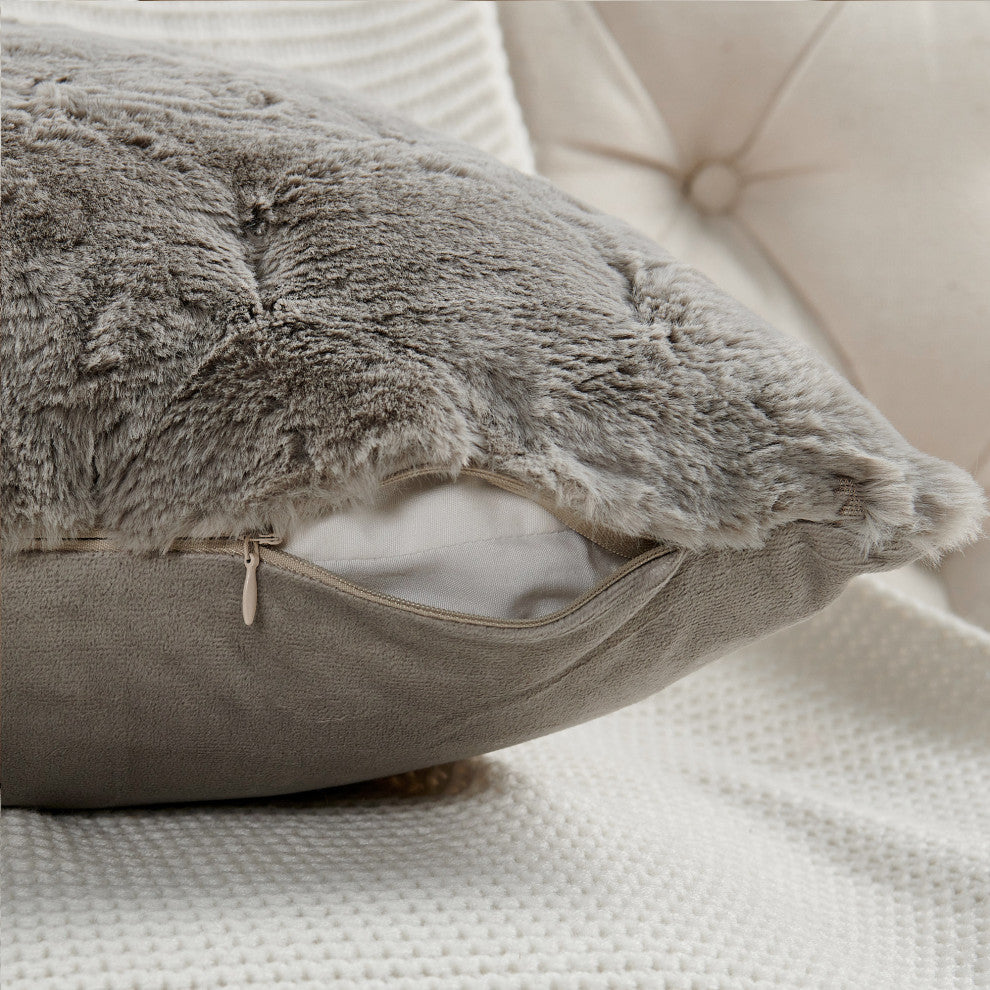 Jacquard Rabbit Faux Fur Pillow Cover 2 Piece Set, Grey, 26" X 26"