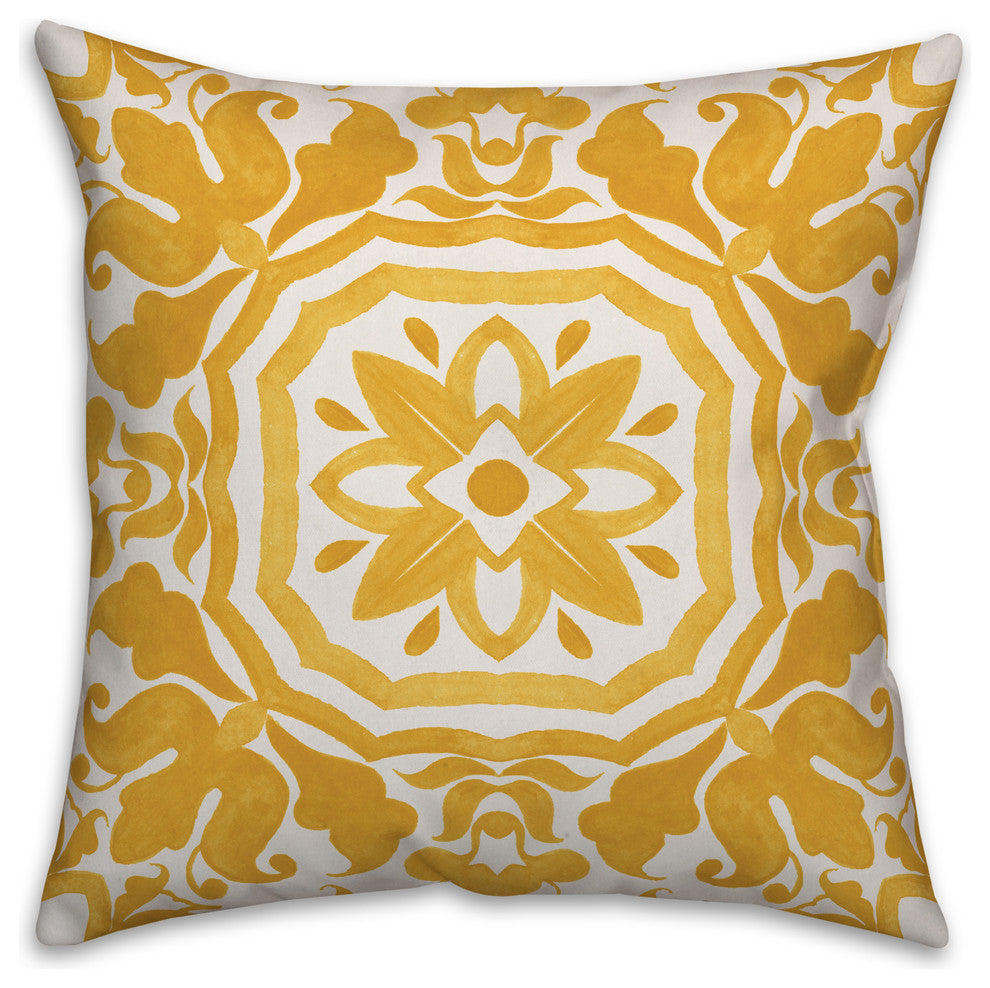 Yellow Watercolor Damask Tile 16x16 Throw Pillow