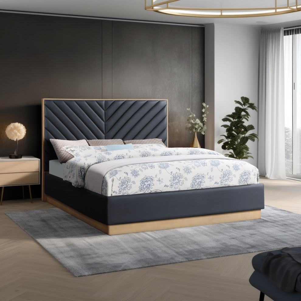 Casa Black Faux Leather King Bed, Black, Queen