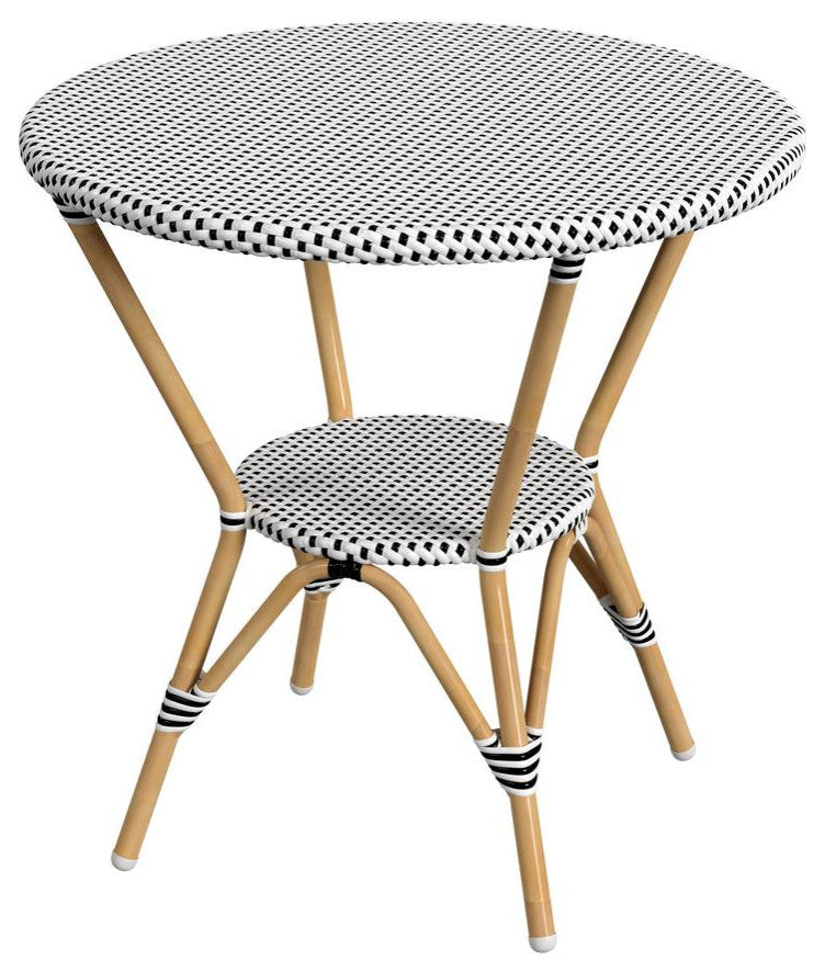 Tobias 30 in. W Outdoor Round Rattan and Metal Bistro Table, Black and White