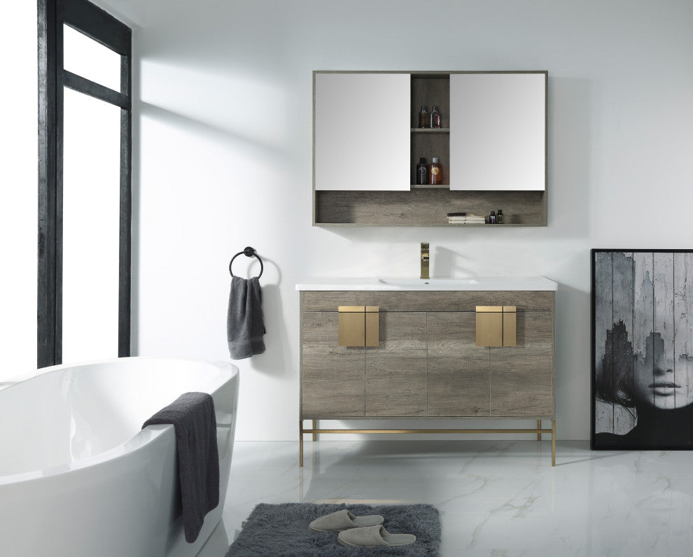 Shawbridge 48" Single Sink Bathroom Vanity, Shadow Gray, Satin Brass Hardware