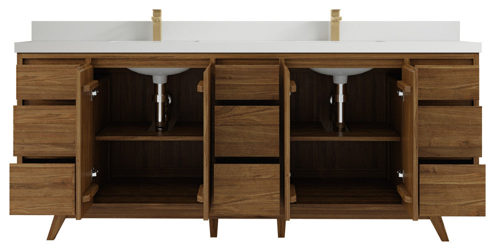 Madison Teak 84 Double Sink Bath Vanity in Dark Natural 2" White Quartz