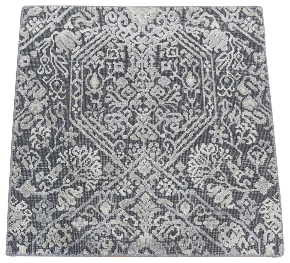 Charcoal Gray Silk Textured Wool Tone on Tone Design Hand Knotted Rug, 2'1"x2'1"