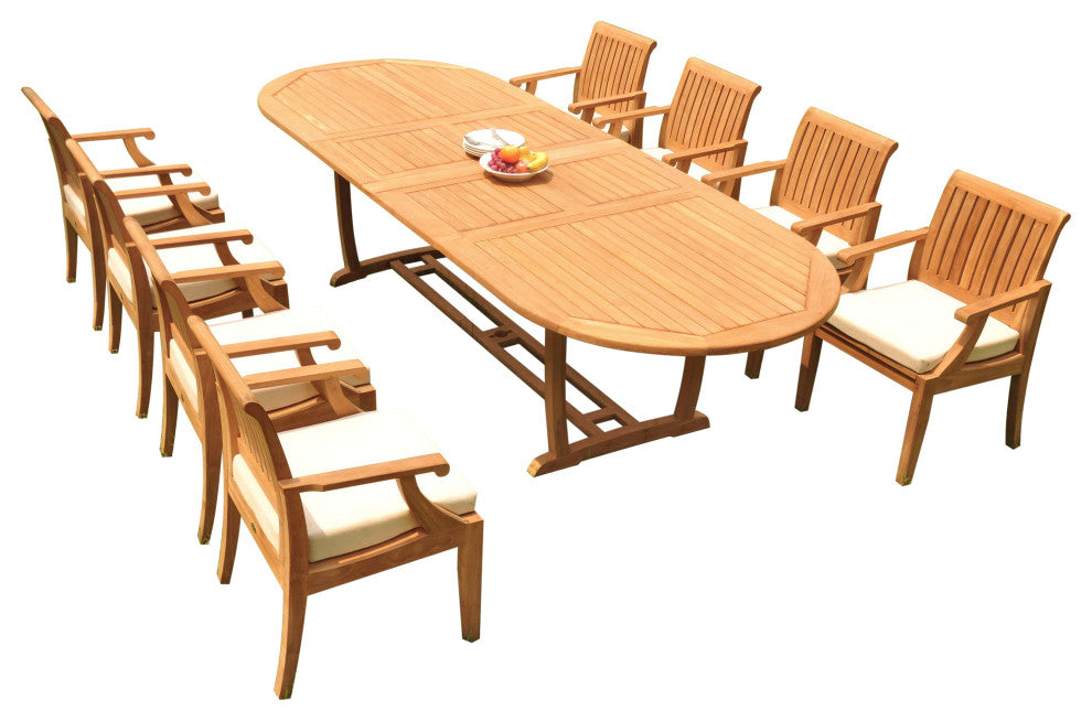 9-Piece Outdoor Teak Dining Set: 117" Masc Oval Extn Table, 8 Lagos Arm Chairs