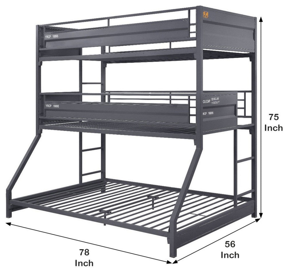 Benzara BM261750 Twin Over Twin Over Full Bunk Bed With Metal Frame, Gray