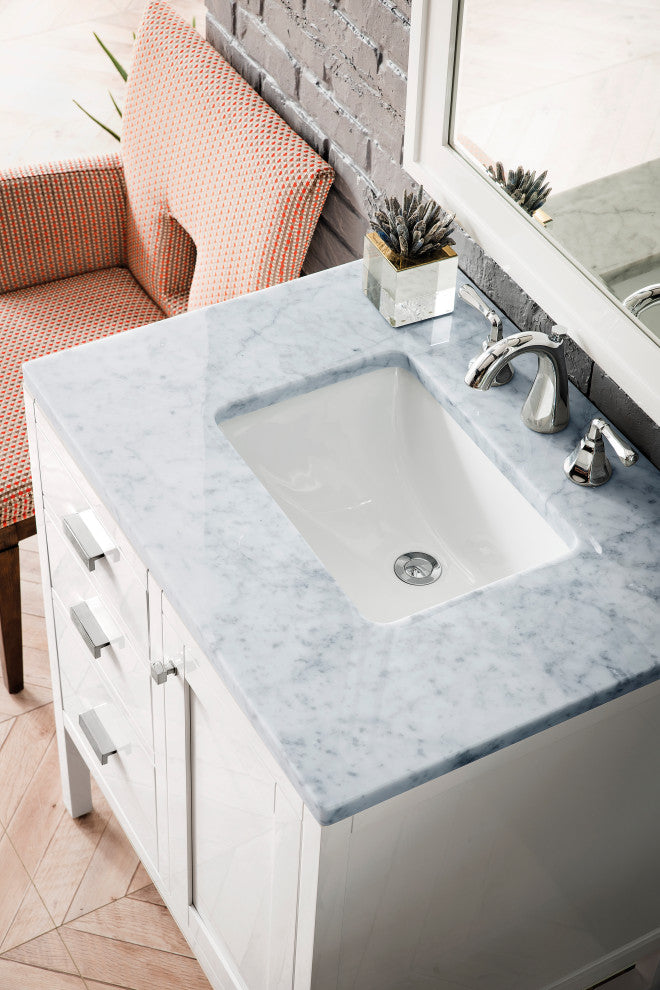 Addison 30" Single Vanity Cabinet, Glossy White, Carrara Marble, Three-Hole