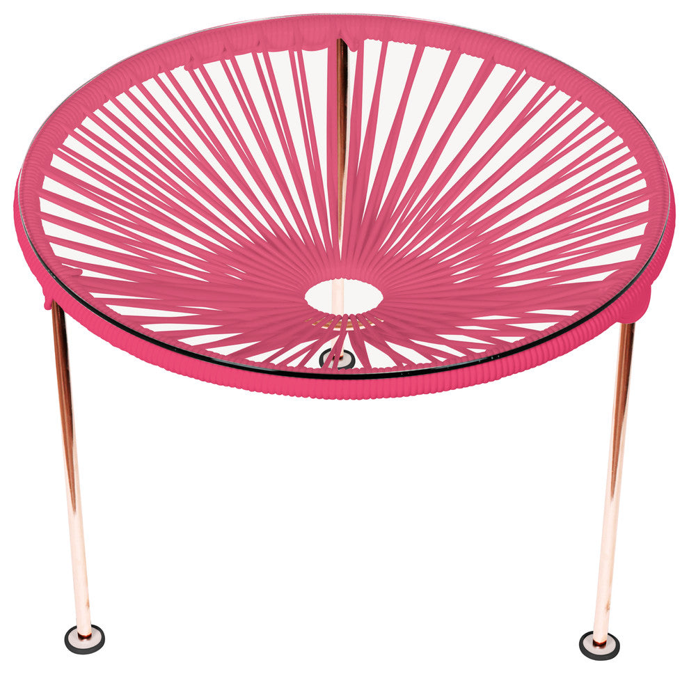 Zicatela Indoor/Outdoor Handmade Side Table, Pink Weave, Copper Frame