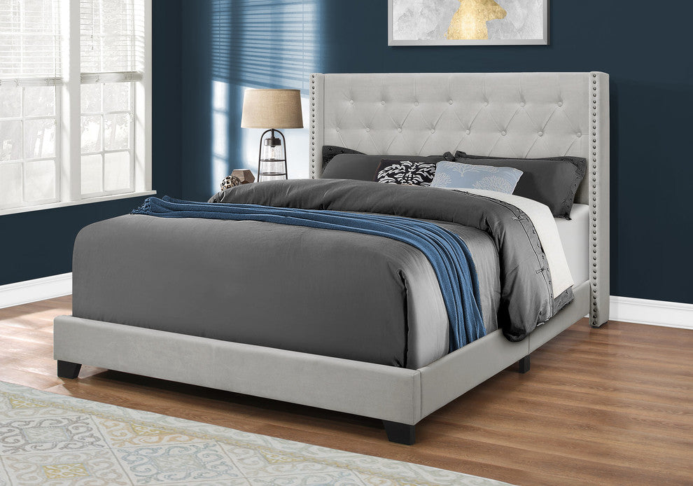 Bed, Queen Size, Platform, Bedroom, Frame, Upholstered, Velvet, Wood Legs