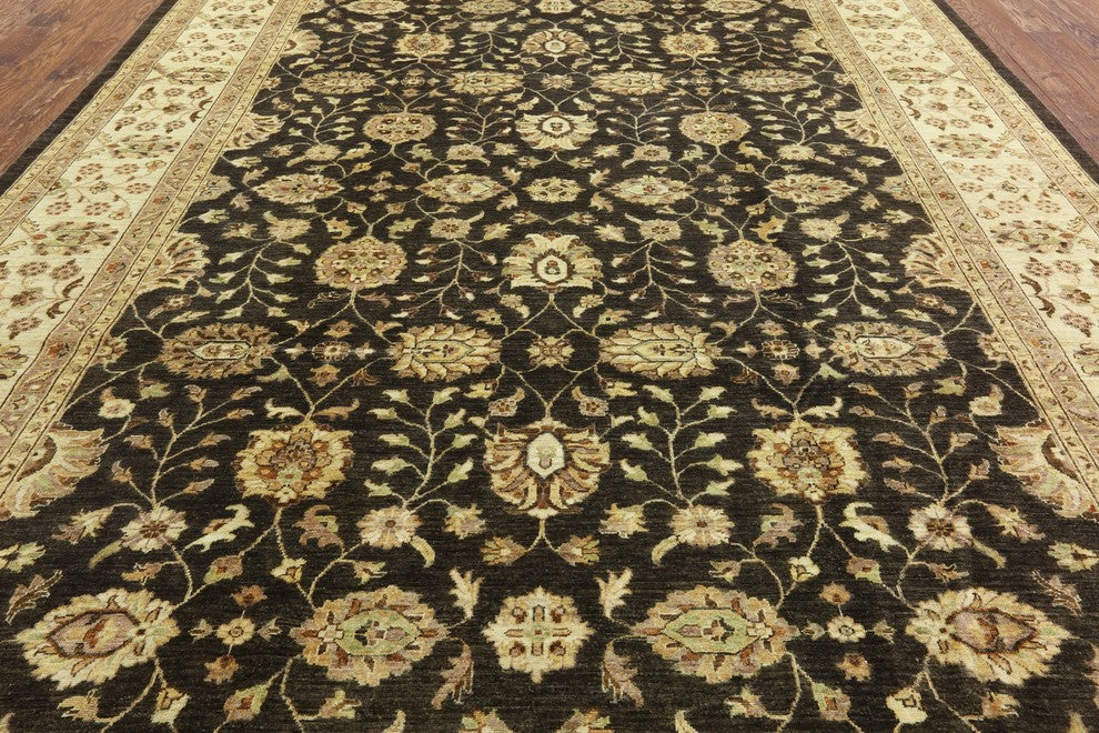Peshawar Oriental Hand-Knotted Brown Oushak Chobi Wool Rug, 10'x14'