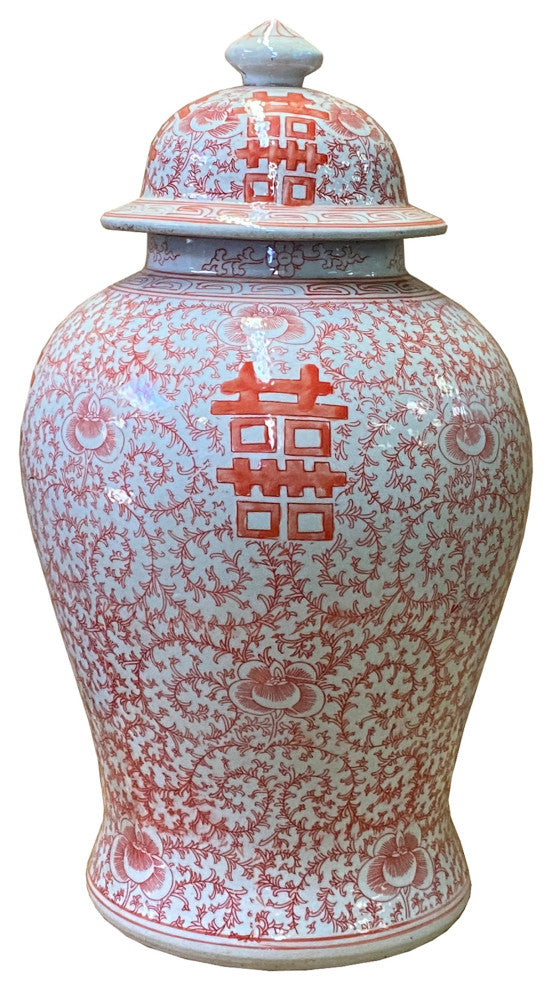 Chinese Coral Pink Red White Double Happiness Large Temple Jar Hcs7416