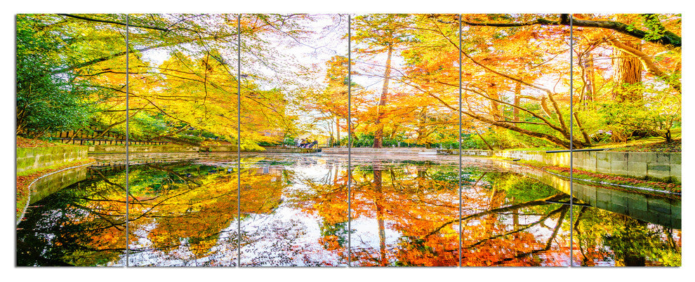 Bright Fall Forest with River, Landscape Canvas Art Print, 70"x28", 6 Panels