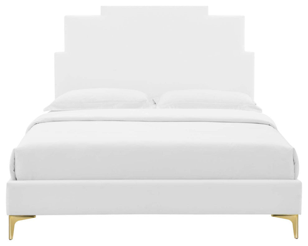 Platform Bed Frame, King Size, Velvet, White, Modern Contemporary, Bedroom