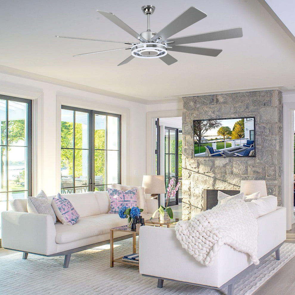 72" Large Ceiling Wood Blade Fan w LED Lights and Remote, Chrome