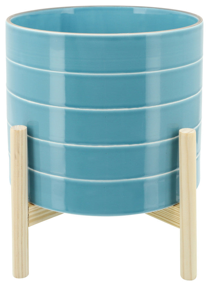 10" Striped Planter With Wood Stand, Sky Blue