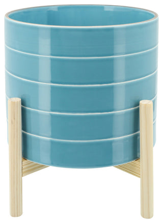 10" Striped Planter With Wood Stand, Sky Blue